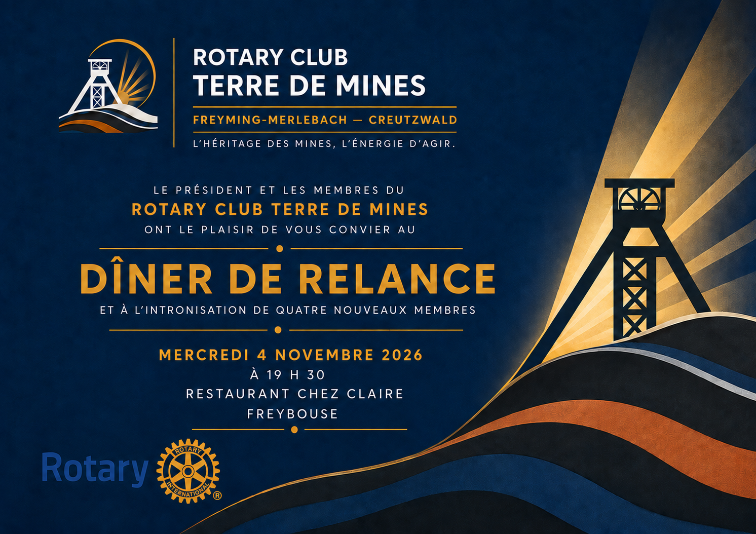 Invitation au dîner de relance du Rotary Club Terre de Mines, le mercredi 4 novembre 2026 à 19 h 30 au restaurant Chez Claire à Freybouse